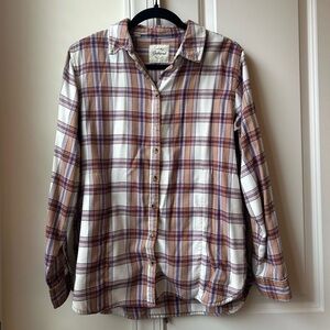 JACHS Girlfriend Cream and Tan Plaid Button-Down Shirt